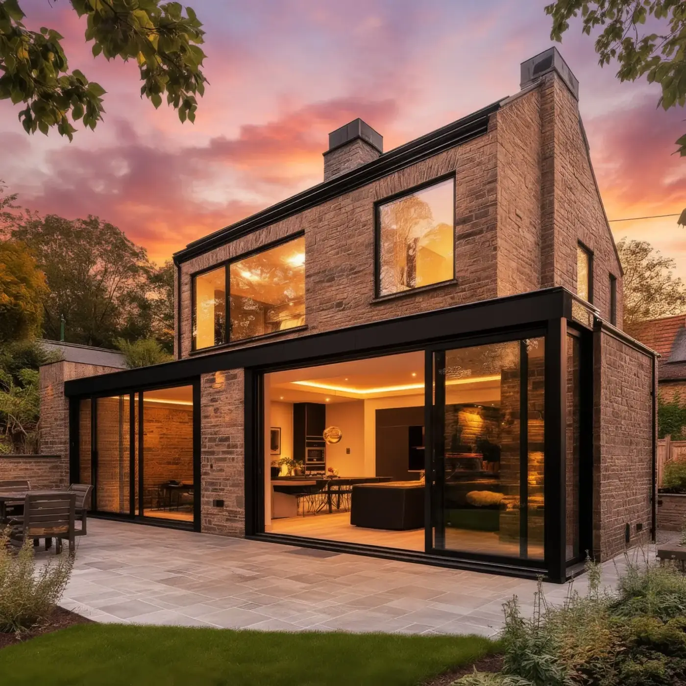 Brick rear extension with large glazed bi-fold doors lit up at dusk