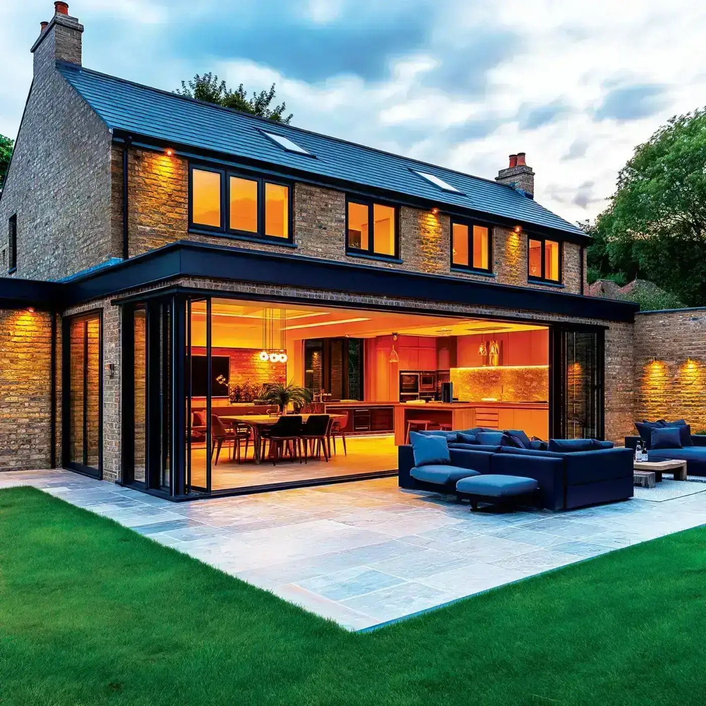 Rear extension with bi-fold doors and a roof lantern opening onto a patio garden at dusk